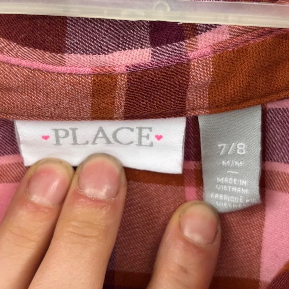 The Children's Place Flannel Shirt Kids Size 7/8 Pink Orange Plaid Button Down